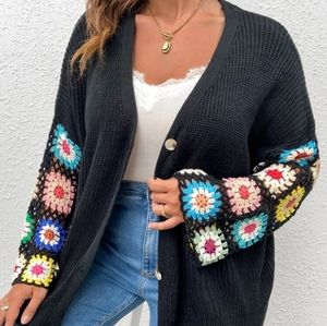 Plus floral black multi color knit sleeve pattern drop shoulder cardigan…